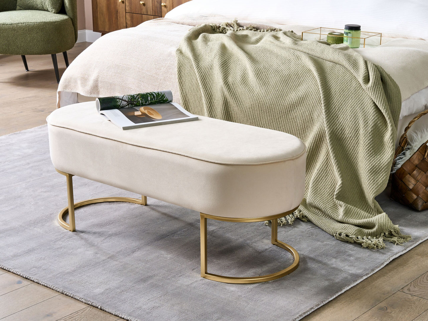 Bettbank Samtstoff cremefarben goldenes Gestell 104 cm MILRY