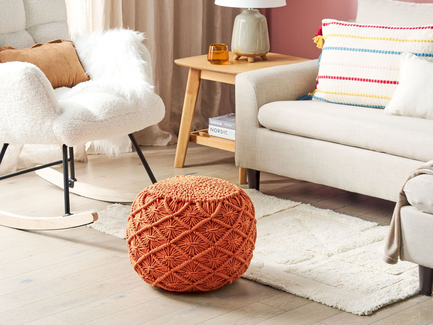 Pouf Makramee Baumwolle orange ⌀ 40 cm BERKANE