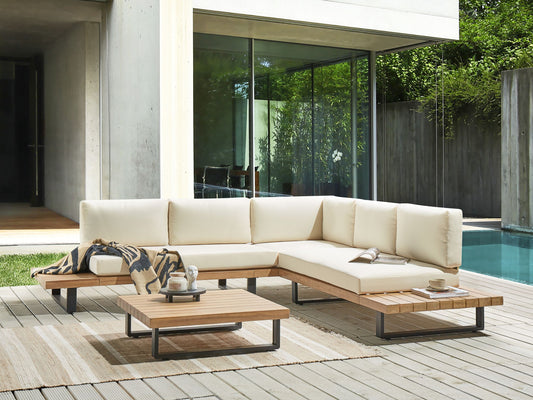 Garten Ecksofa mit Tisch 5-Sitzer MYKONOS rechtsseitig zertifiziertes Akazienholz Cremeweiss