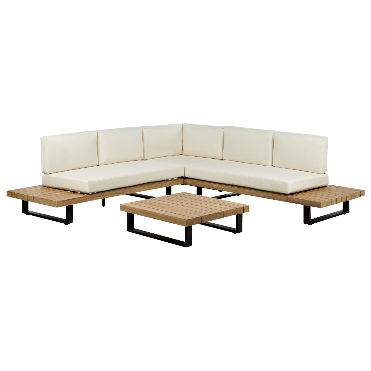 Garten Ecksofa mit Tisch 5-Sitzer MYKONOS rechtsseitig zertifiziertes Akazienholz Cremeweiss