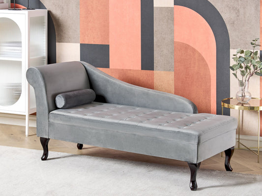 Chaiselongue Samtstoff hellgrau mit Bettkasten linksseitig PESSAC