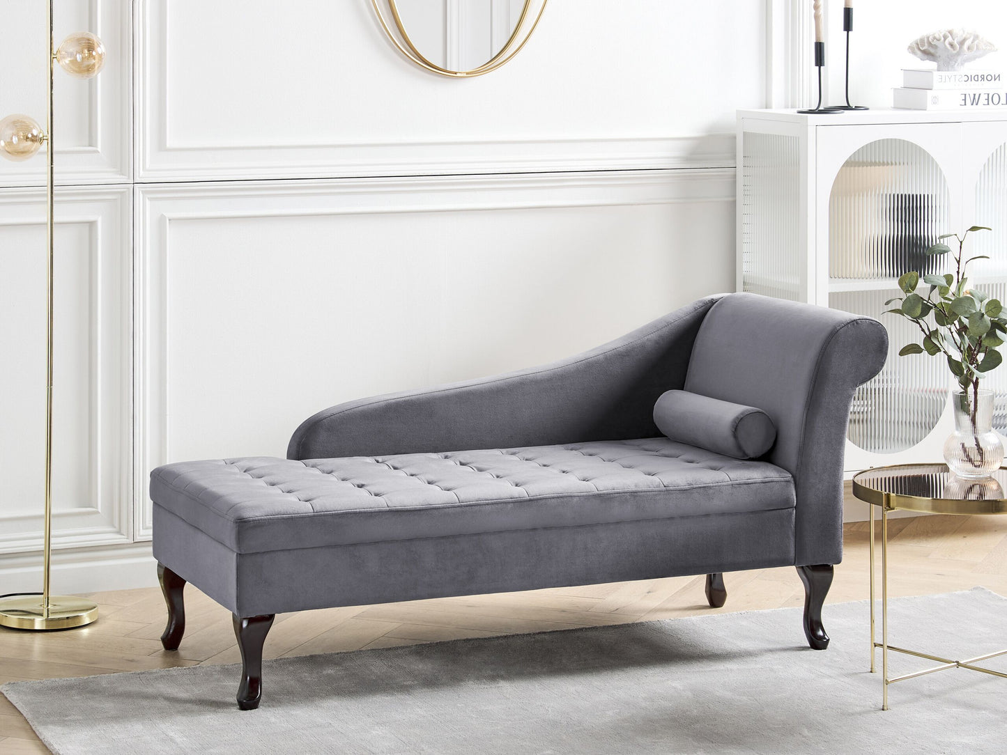 Chaiselongue Samtstoff dunkelgrau mit Bettkasten rechtsseitig PESSAC