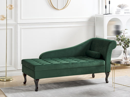 Chaiselongue Samtstoff dunkelgrün mit Bettkasten rechtsseitig PESSAC