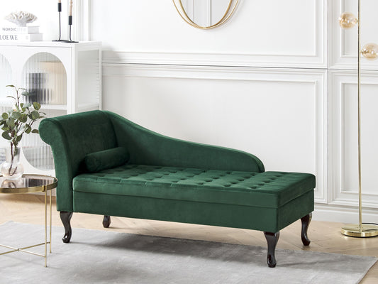 Chaiselongue Samtstoff dunkelgrün mit Bettkasten linksseitig PESSAC