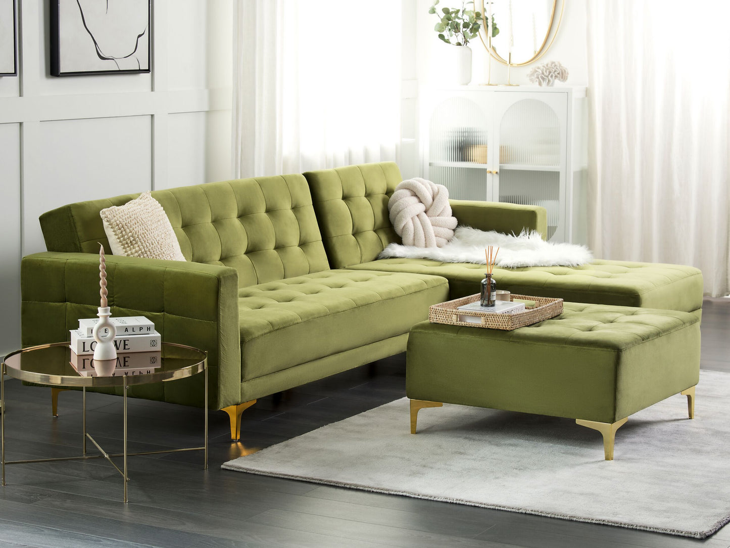 Schlafsofa Samtstoff grün linksseitig mit Ottomane ABERDEEN