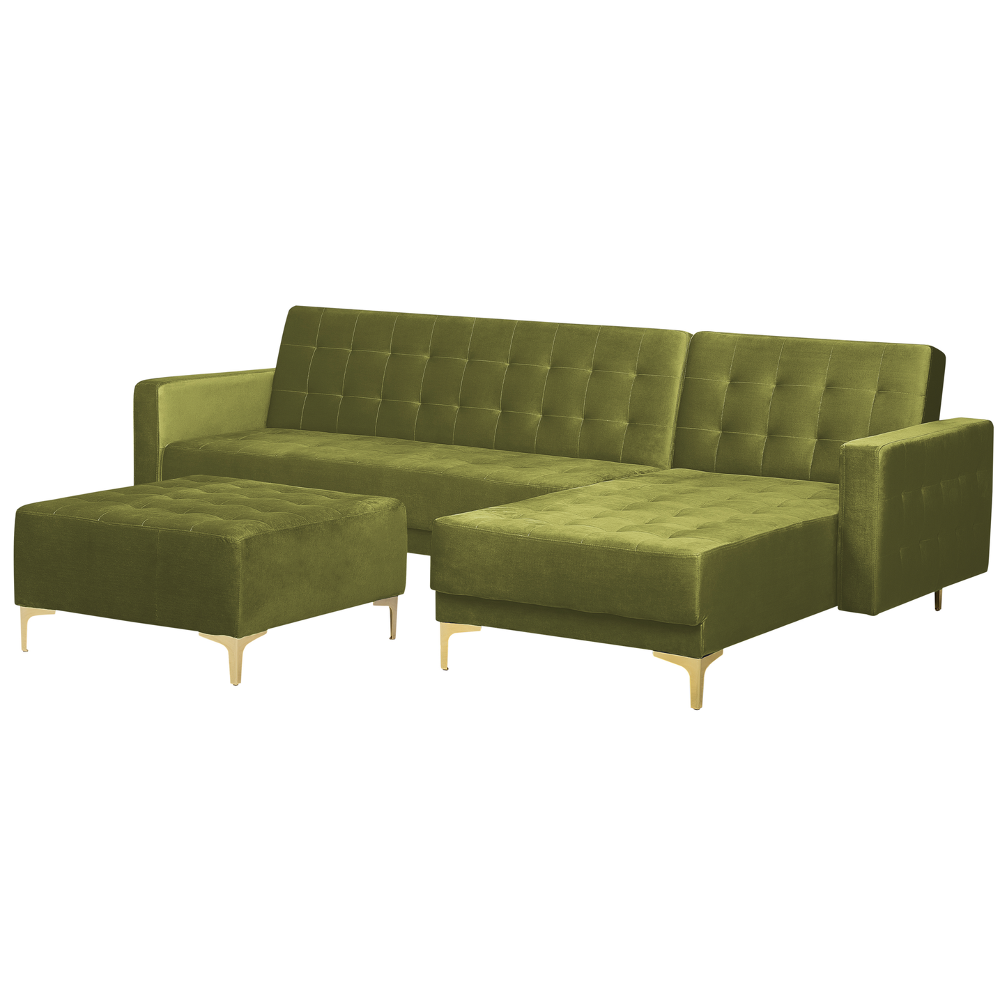 Schlafsofa Samtstoff grün linksseitig mit Ottomane ABERDEEN