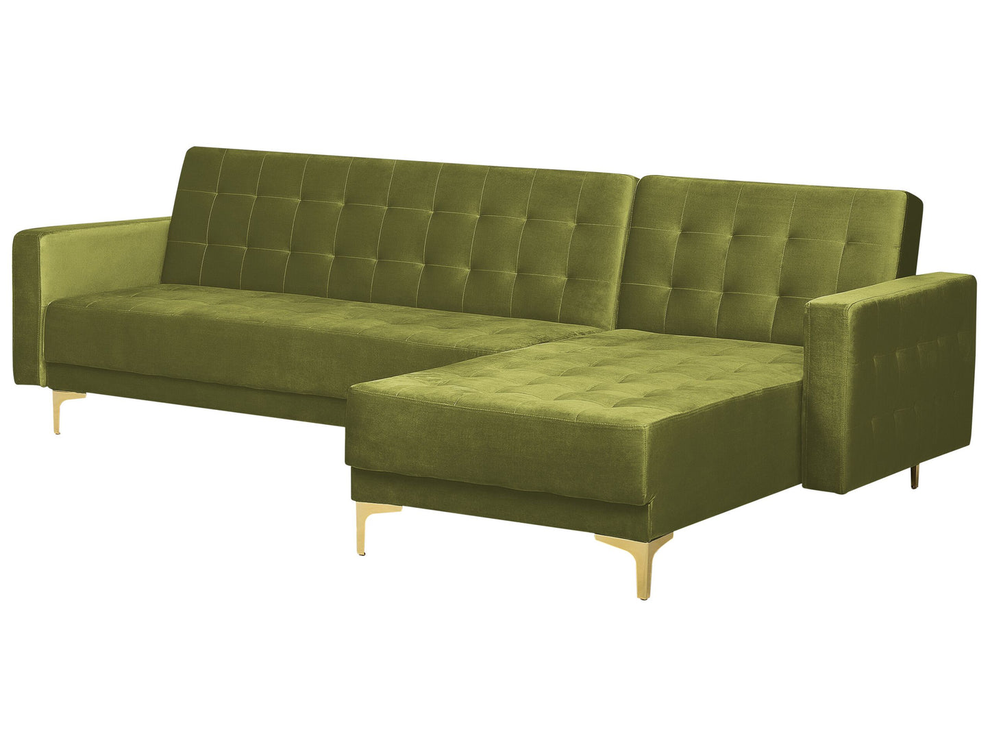 Schlafsofa Samtstoff grün linksseitig mit Ottomane ABERDEEN