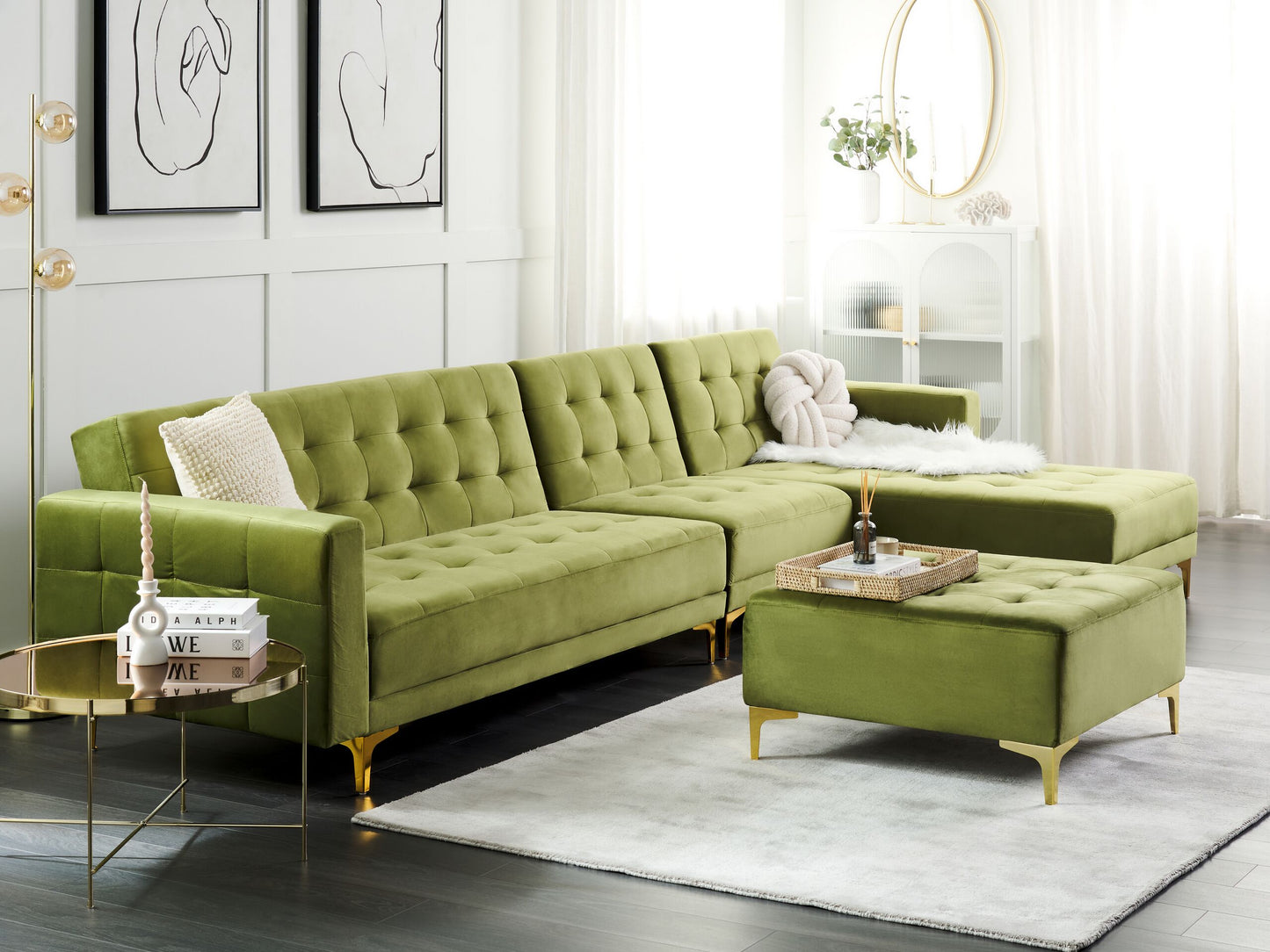Modulsofa Samtstoff Schlaffunktion grün linksseitig ABERDEEN