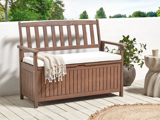 Gartenbank mit Auflage SOVANA 120 cm mit Stauraum Akazienholz Weiss