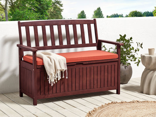 Gartenbank mit Auflage SOVANA 120 cm mit Stauraum Akazienholz Rot