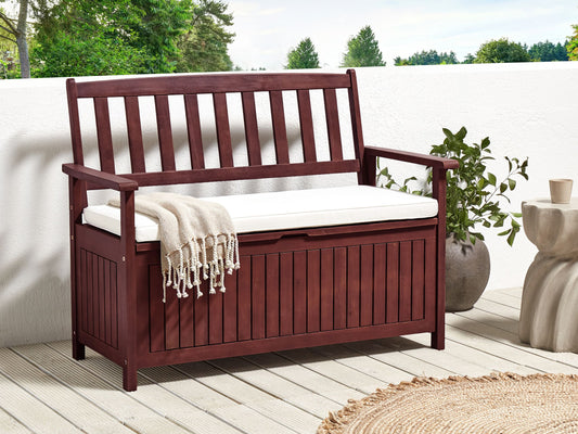 Gartenbank mit Auflage SOVANA 120 cm mit Stauraum Akazienholz Weiss