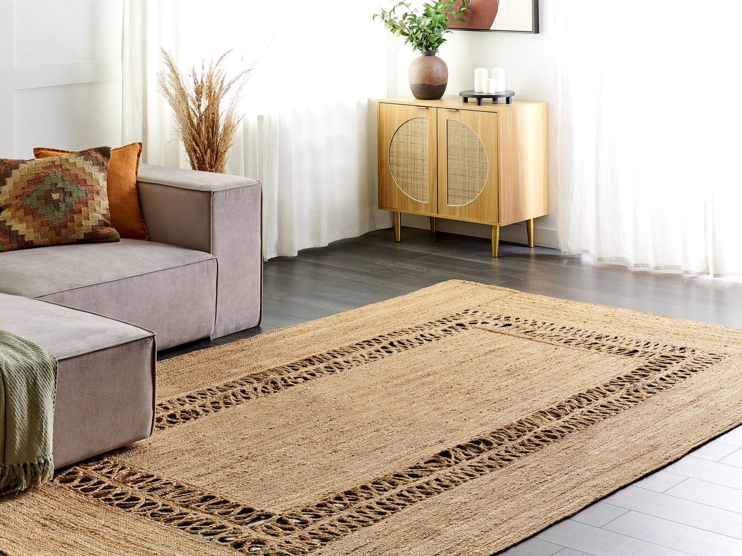 Teppich Jute beige 200 x 300 cm geometrisches Muster Kurzflor YENIKOY