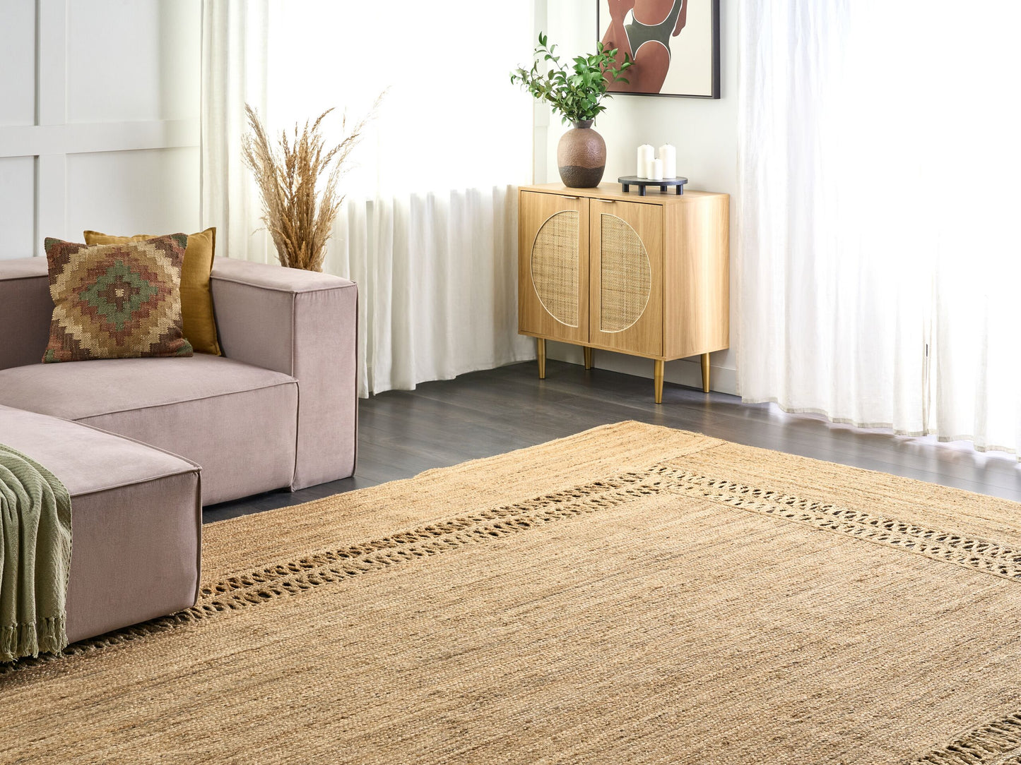 Teppich Jute beige 300 x 400 cm geometrisches Muster Kurzflor YENIKOY