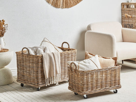 Aufbewahrungsbox mit Rollen Rattan naturfarben 2er Set KITIM