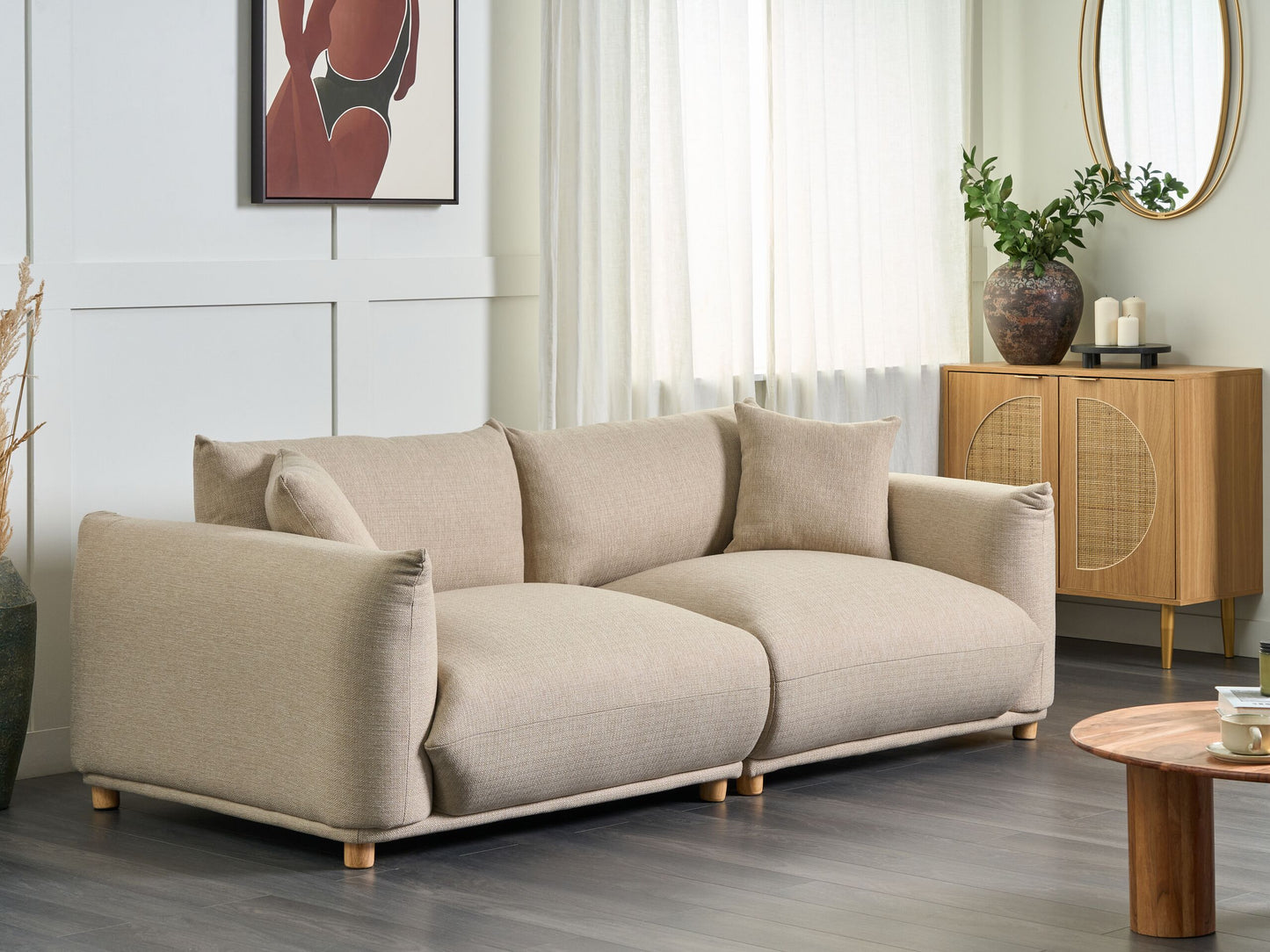 3-Sitzer Sofa Stoff hellbeige mit Kissen LUVOS