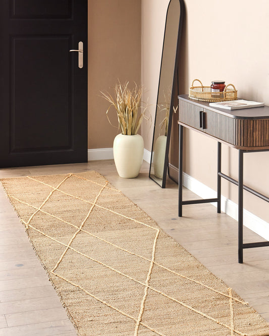 Teppich Jute beige 80 x 300 cm geometrisches Muster Kurzflor YUVACIK