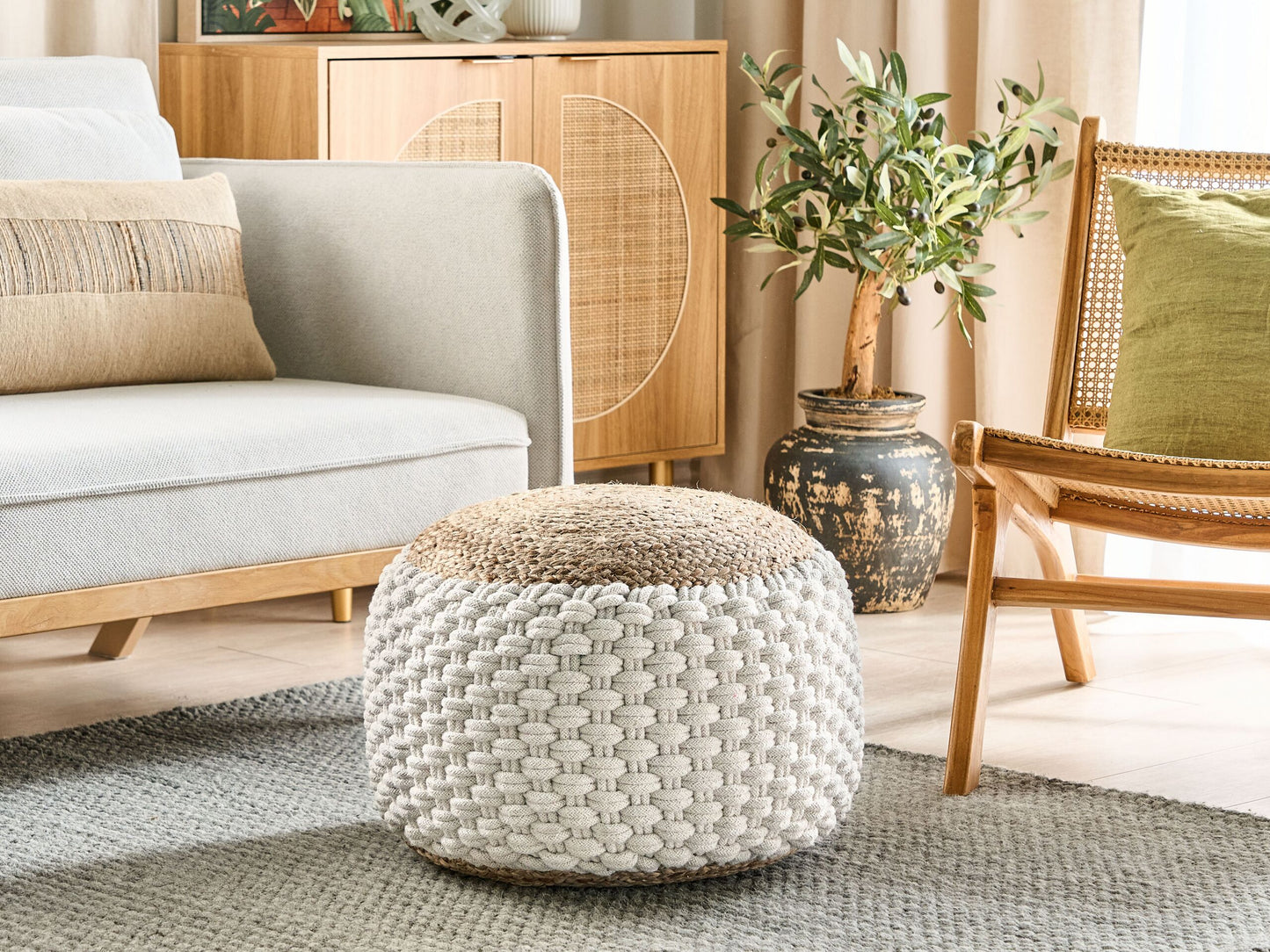 Pouf Baumwolle weiss / beige rund ⌀ 50 cm AIZA