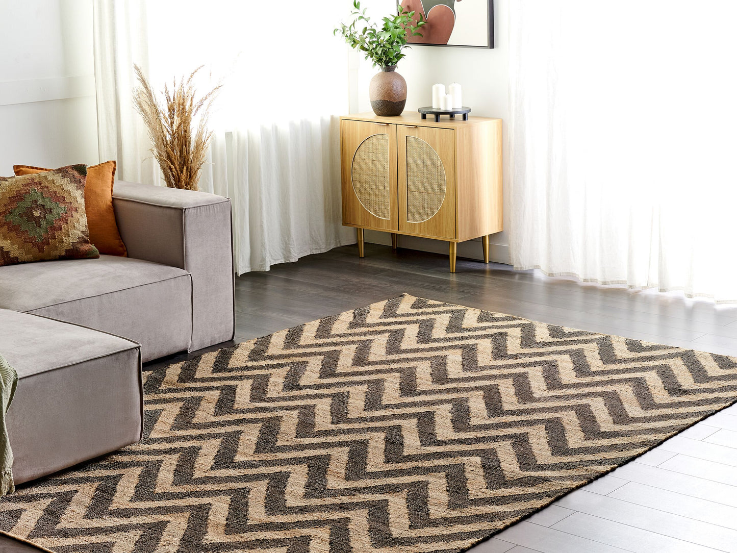 Teppich Jute beige / schwarz 200 x 300 cm ZickZack-Muster Kurzflor DEDEPINARI