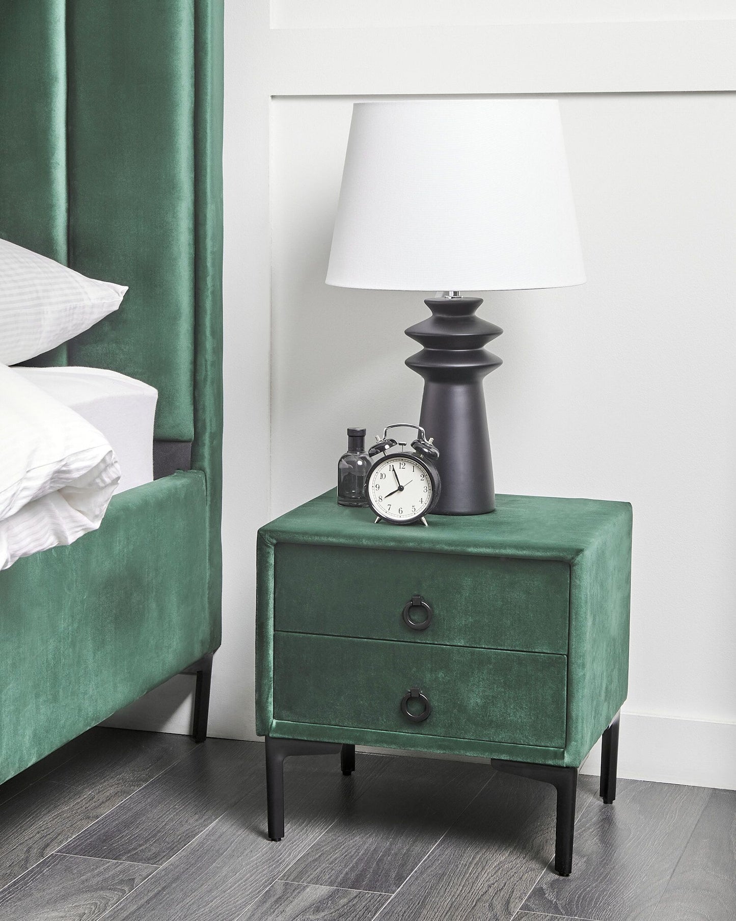 Nachttisch mit 2 Schubladen SEZANNE Samtstoff Dunkelgrün