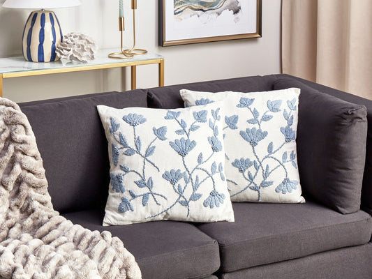 Baumwollkissen mit Blumenmuster 45 x 45 cm Weiss und Blau 2er Set LUDISIA