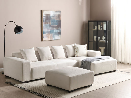 4-Sitzer Ecksofa Cord cremeweiss linksseitig mit Ottomane LUNGO