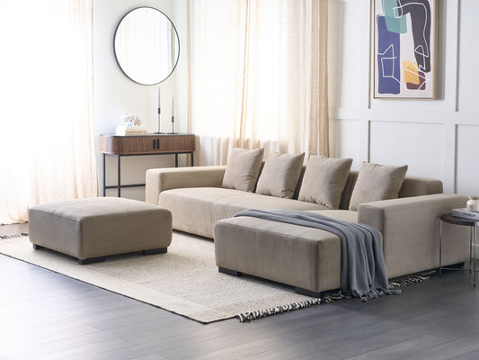 4-Sitzer Ecksofa Cord beige linksseitig mit Ottomane LUNGO