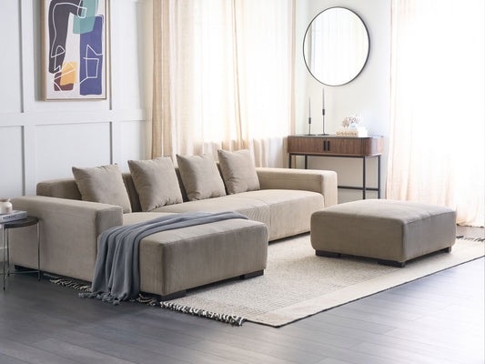 4-Sitzer Ecksofa Cord beige rechtsseitig mit Ottomane LUNGO