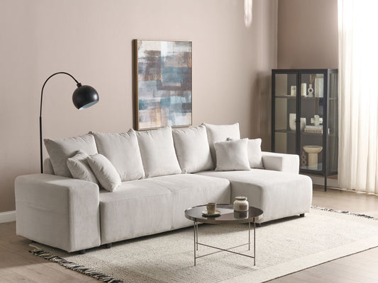 3-Sitzer Ecksofa Cord hellbeige linksseitig mit Schlaffunktion Stauraum LUSPA