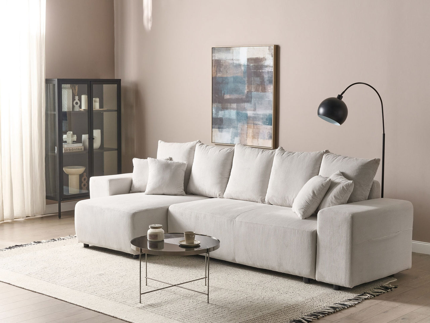 3-Sitzer Ecksofa Cord hellbeige rechtsseitig mit Schlaffunktion Stauraum LUSPA