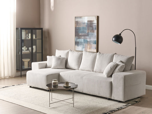 3-Sitzer Ecksofa Cord hellbeige rechtsseitig mit Schlaffunktion Stauraum LUSPA