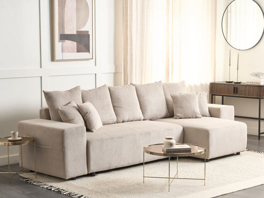 3-Sitzer Ecksofa Cord taupe linksseitig mit Schlaffunktion Stauraum LUSPA