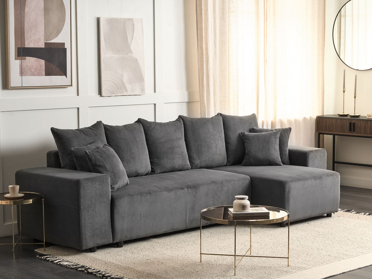 3-Sitzer Ecksofa Cord dunkelgrau linksseitig mit Schlaffunktion Stauraum LUSPA