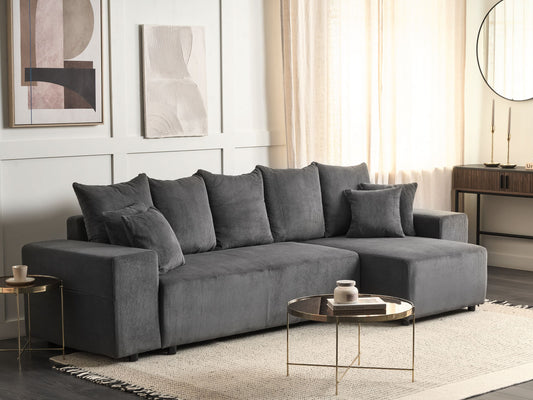 3-Sitzer Ecksofa Cord dunkelgrau linksseitig mit Schlaffunktion Stauraum LUSPA