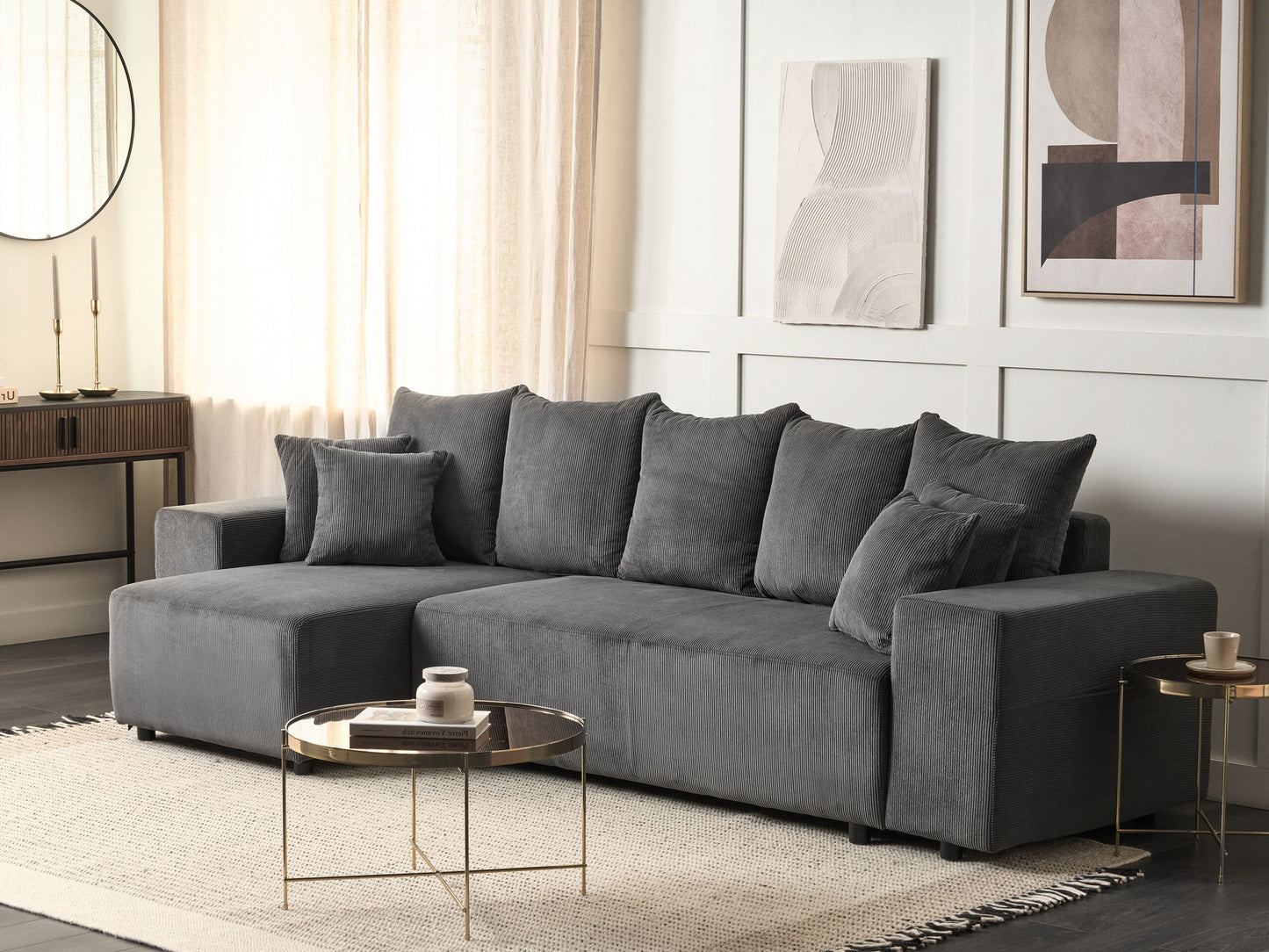 3-Sitzer Ecksofa Cord dunkelgrau rechtsseitig mit Schlaffunktion Stauraum LUSPA