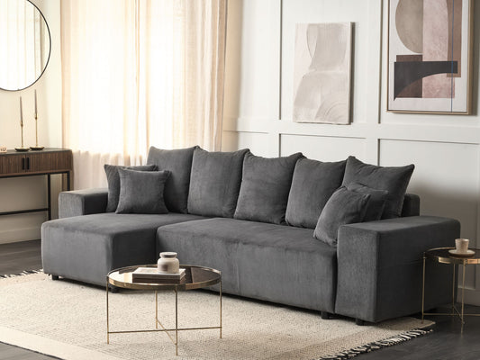 3-Sitzer Ecksofa Cord dunkelgrau rechtsseitig mit Schlaffunktion Stauraum LUSPA
